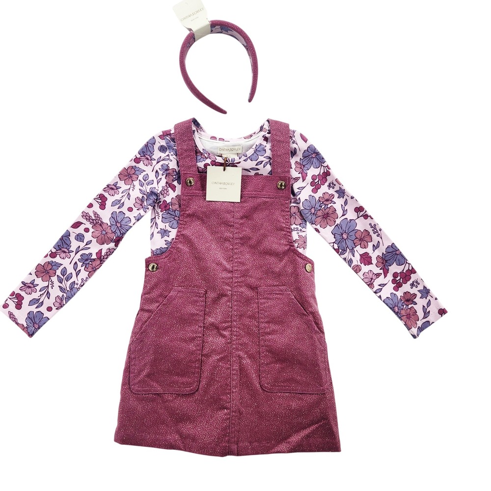 Cynthia Rowley Girls 3 Piece Set Jumper Floral Shirt Headband Plum Size‎ 4